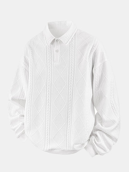 Heren Geometrische Jacquard Polokraag Sweater in wit, Relaxed Fit