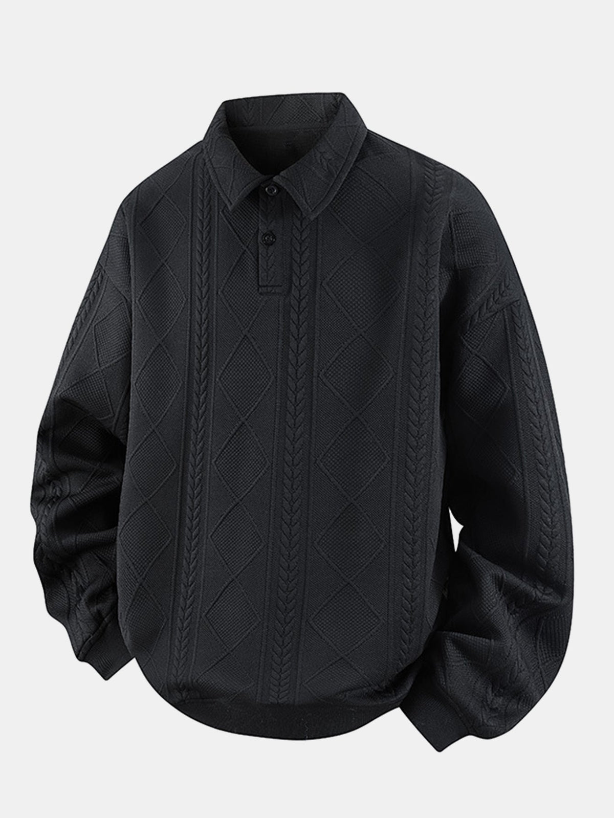 Heren Geometrische Jacquard Polokraag Sweater in zwart, Relaxed Fit