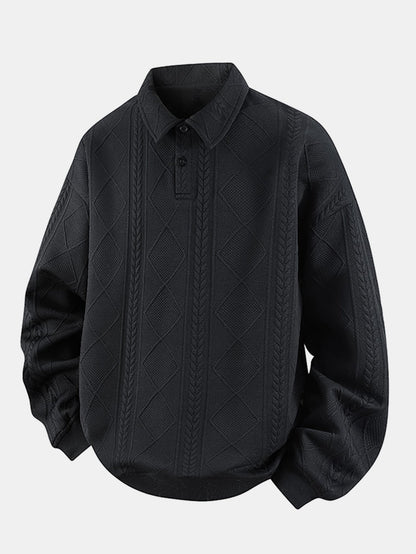 Heren Geometrische Jacquard Polokraag Sweater in zwart, Relaxed Fit