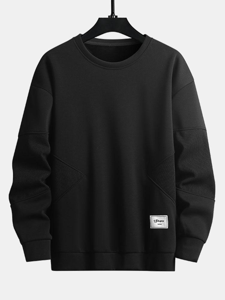 Heren Gestructureerde Patchwork Crew Neck Sweatshirt in zwart, Relaxed Fit