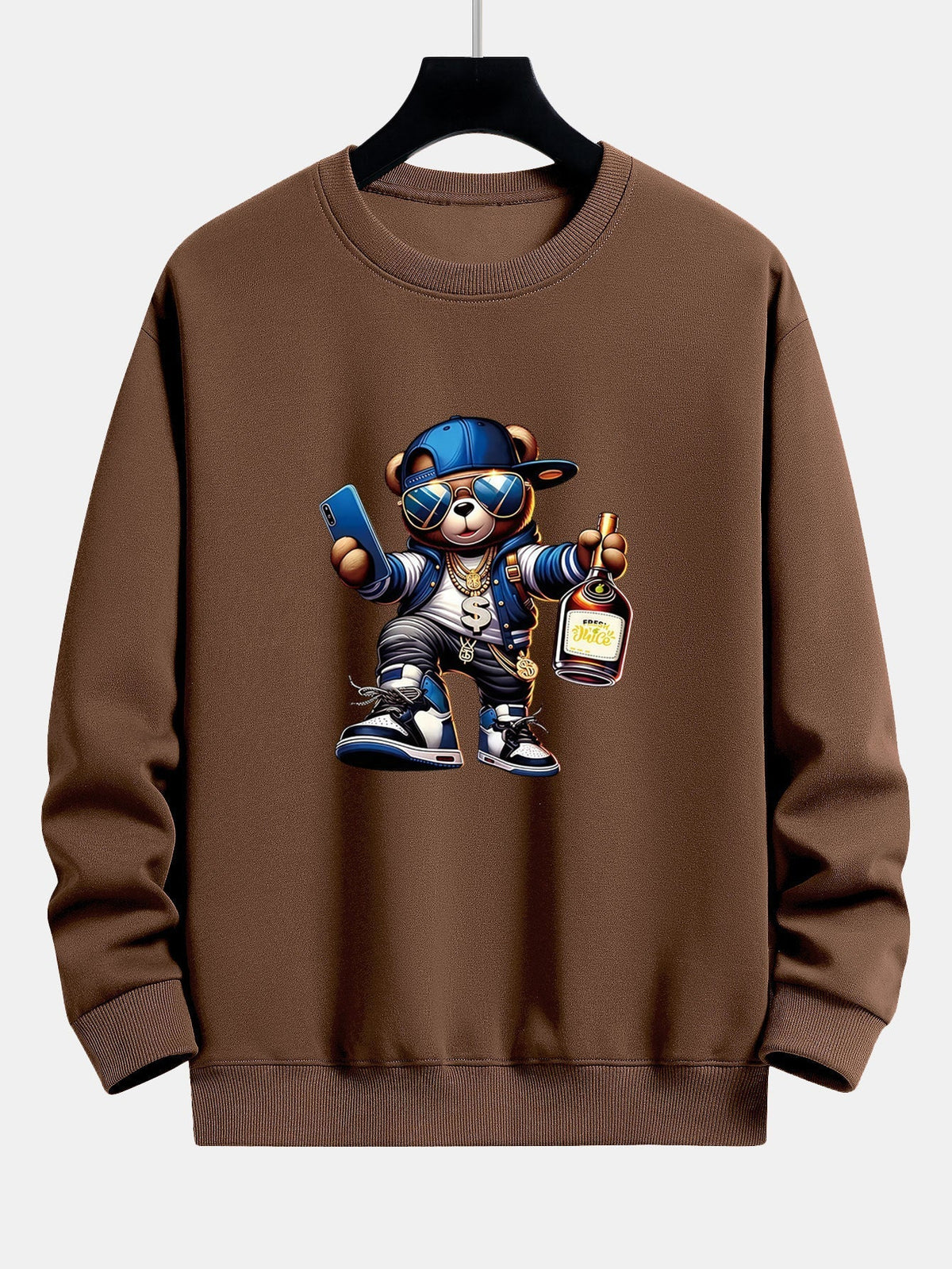 Heren Hip Hop Teddy Bear Grafisch Sweatshirt in donkerbruin, Relaxed Fit