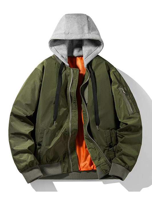Heren Hooded Bomber Jacket Contrast Lining in legergroen, Regular Fit