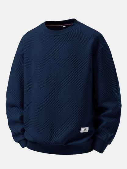 Heren Jacquard Sweatshirt met Textuur in marineblauw, Relaxed Fit Crew Neck