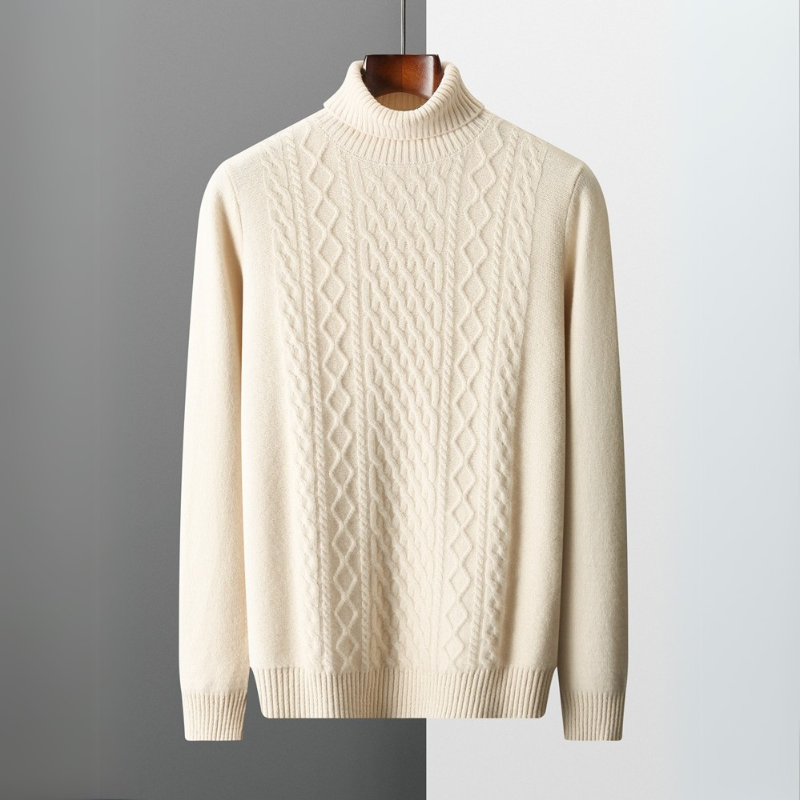 Heren Kabelgebreide Coltrui in crème, Tailored Fit