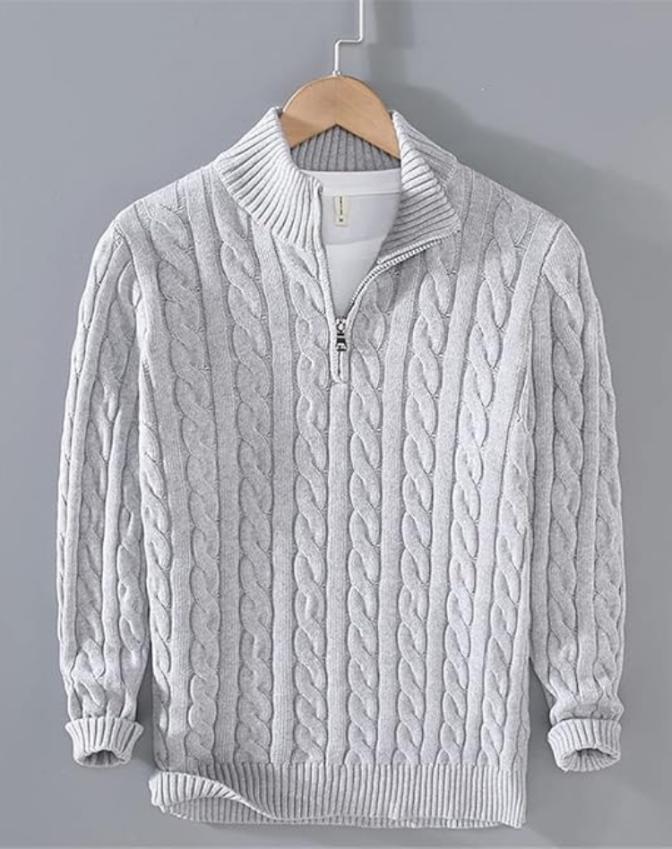 Heren kabelgebreide half-zip met hoge kraag in grijs, Klassiek