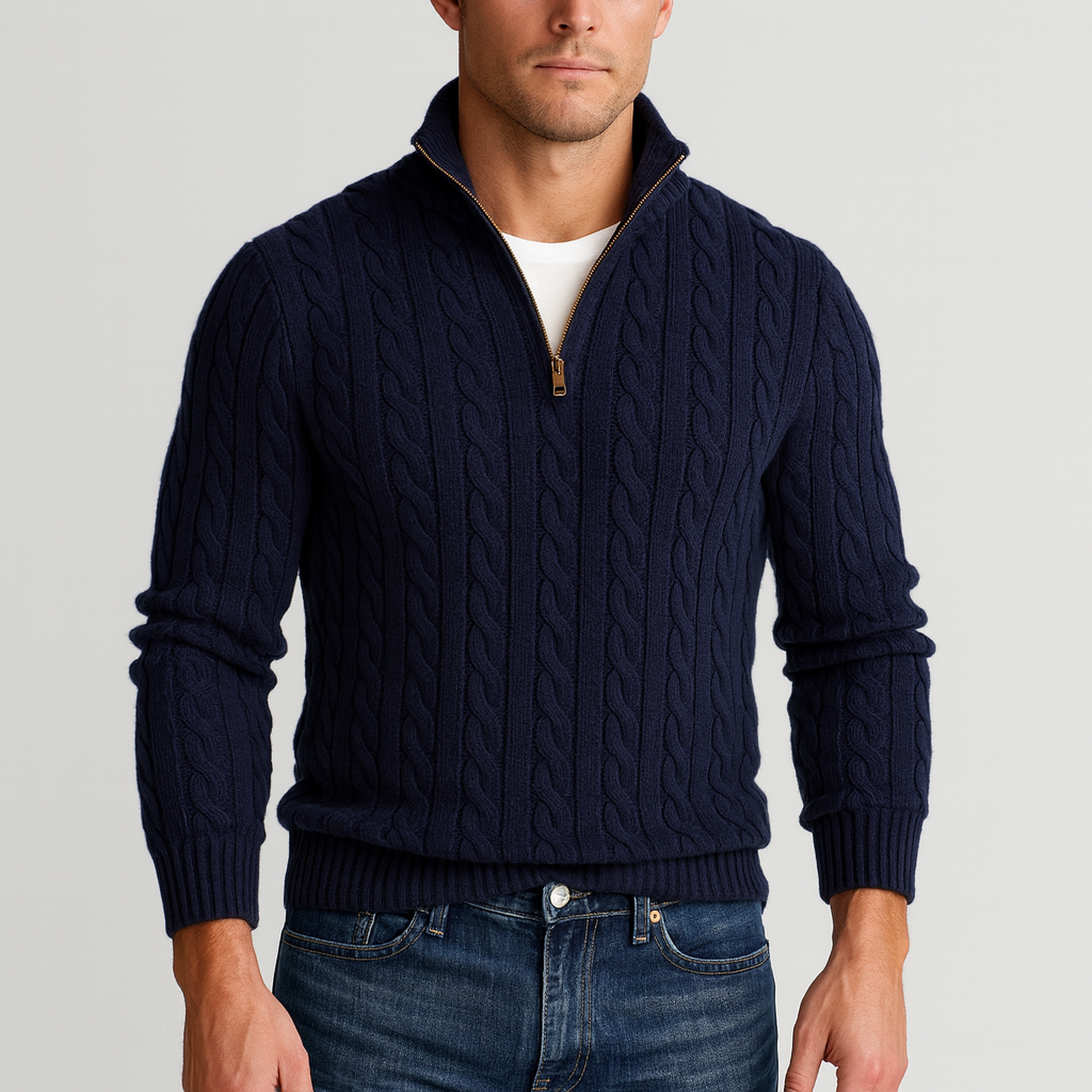 Heren kabelgebreide half-zip met hoge kraag in marineblauw, Klassiek