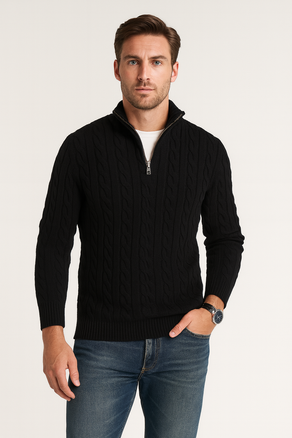 Heren kabelgebreide half-zip met hoge kraag in zwart, Klassiek