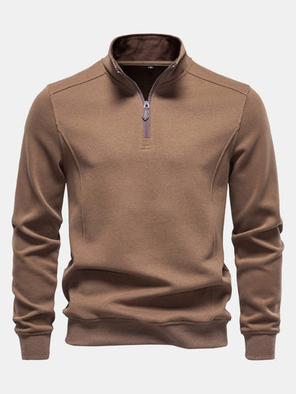 Heren Katoen Blend Quarter Zip Sweatshirt in bruin, Casual Pullover