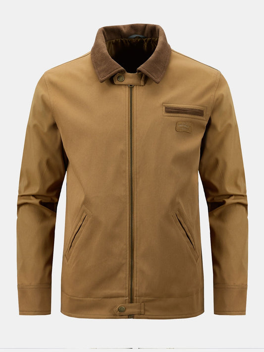 Heren katoenen ritsjack met corduroy kraag in bruin, Klassieke werkstijl
