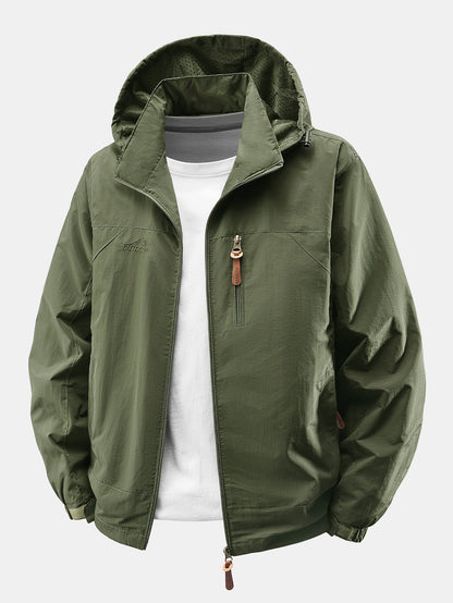 Heren Lichte Nylon Windbreaker met Afneembare Kap in legergroen, Casual Fit