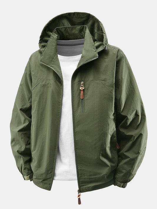 Heren Lichte Nylon Windbreaker met Afneembare Kap in legergroen, Casual Fit