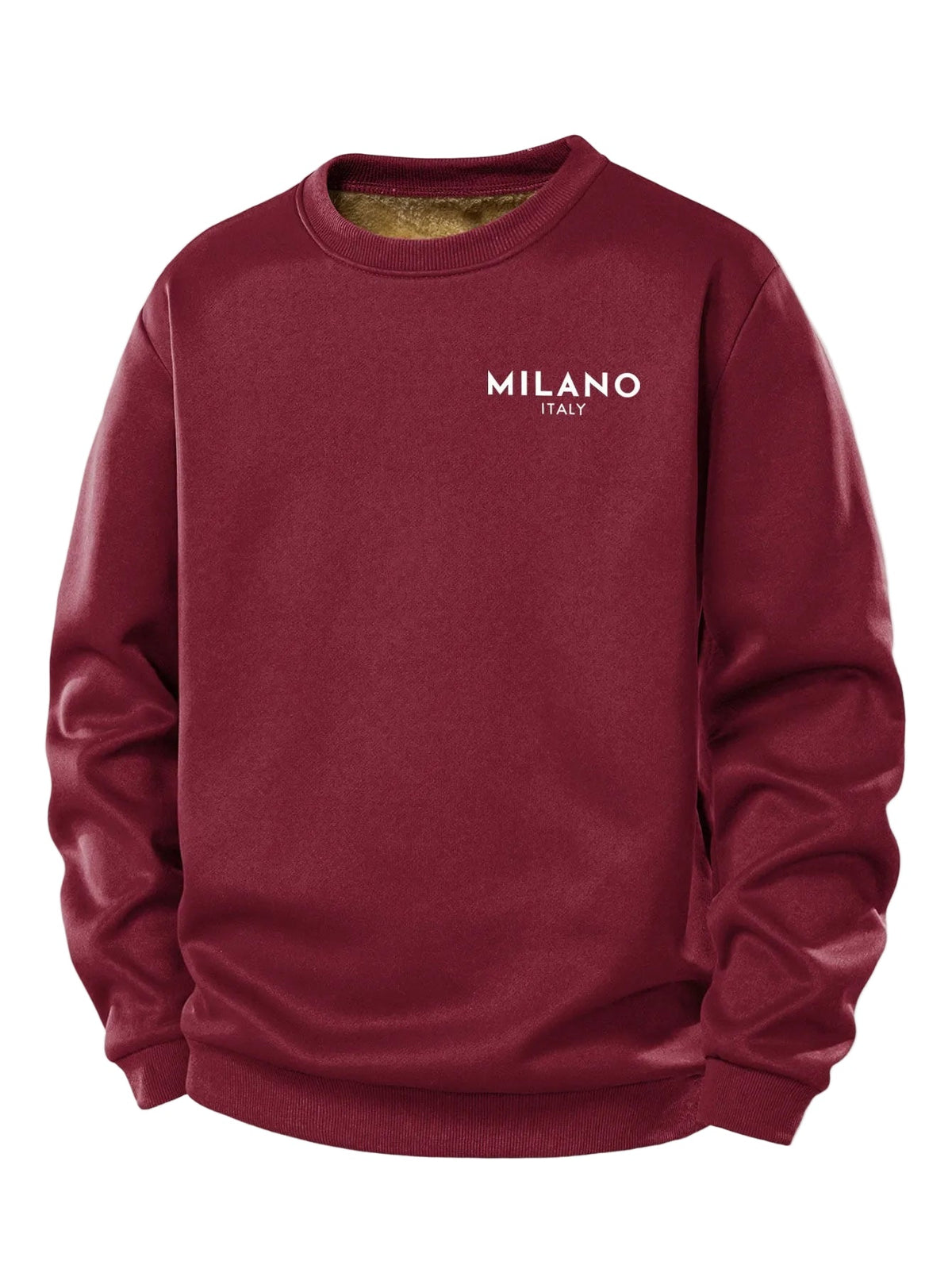 Heren Milano Print Teddy Fleece Sweatshirt in wijnrood, Casual Crew Neck