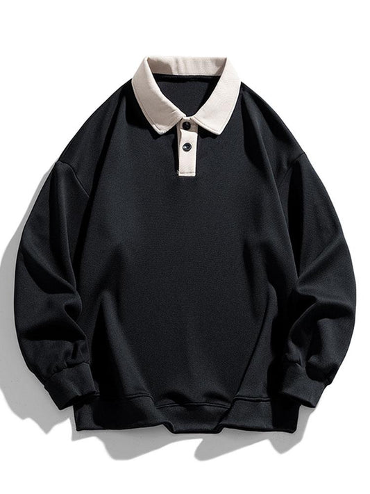 Heren Polokraag Sweatshirt met Knopen in zwart, Relaxed Fit