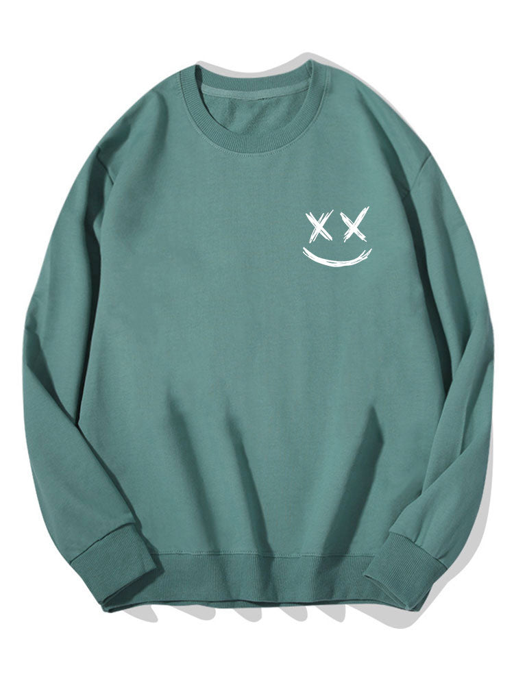 Heren Smiley Print Sweatshirt in blauwgroen, Relaxed Fit Crew Neck