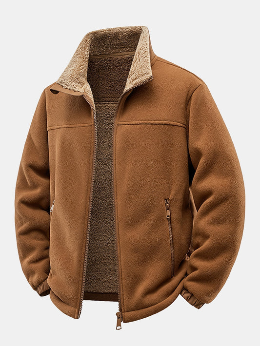 Heren Teddy Fleece Jas met Staande Kraag in bruin, Relaxed Fit