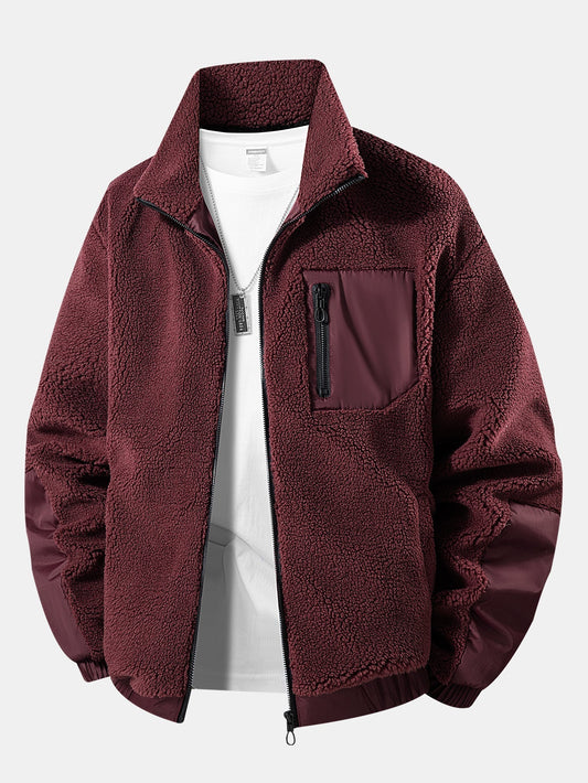 Heren Teddy Fleece Zip Jas in wijnrood, Warm Casual Winterjas