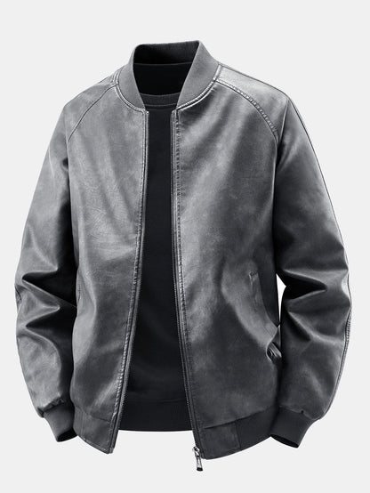 Heren Vintage Gewassen Kunstleren Bomberjack in donkergrijs, Relaxed Fit