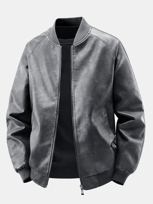 Heren Vintage Gewassen Kunstleren Bomberjack in donkergrijs, Relaxed Fit