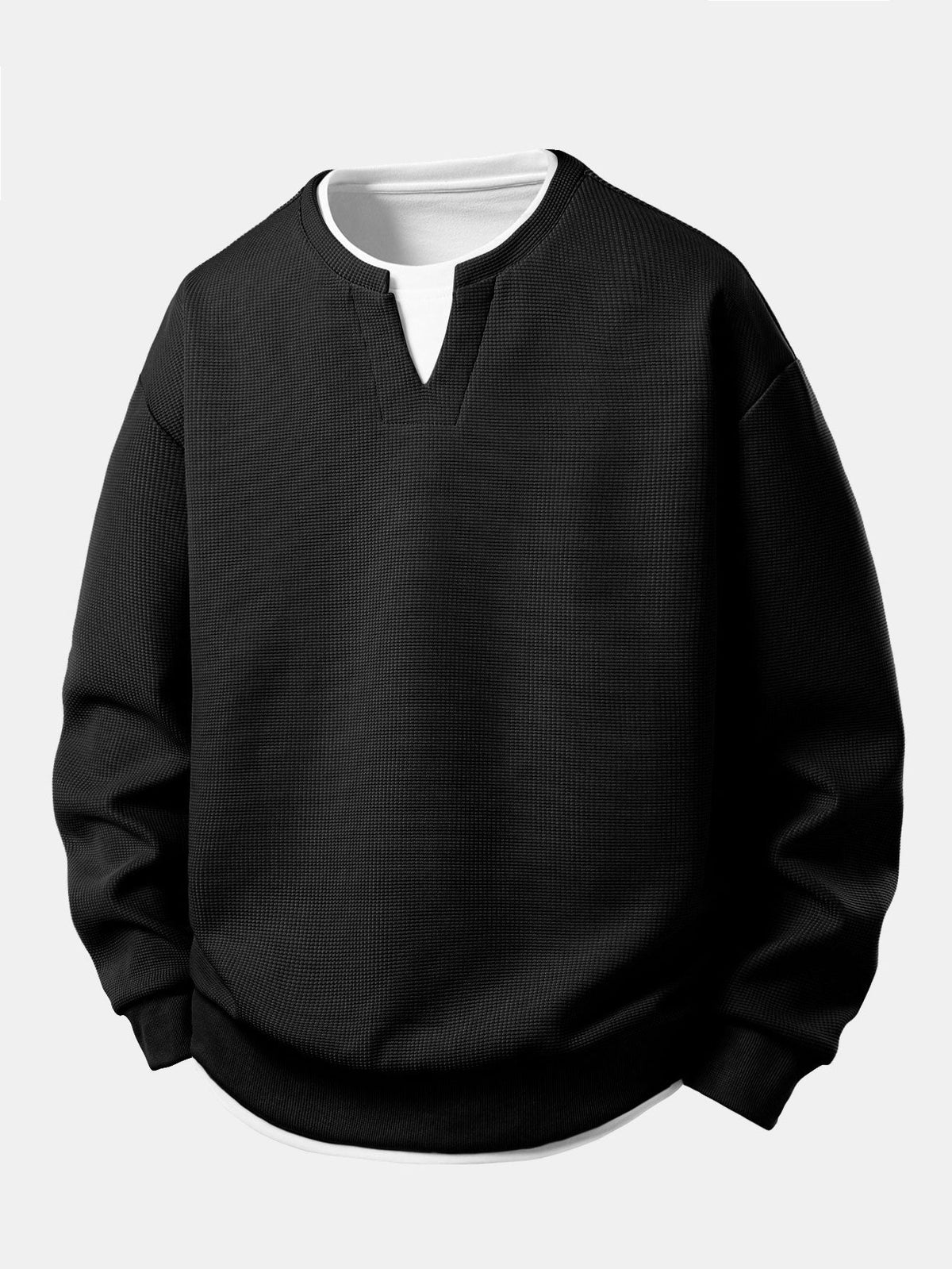 Heren Wafelstructuur Sweatshirt in zwart, Relaxed Fit Crew Neck