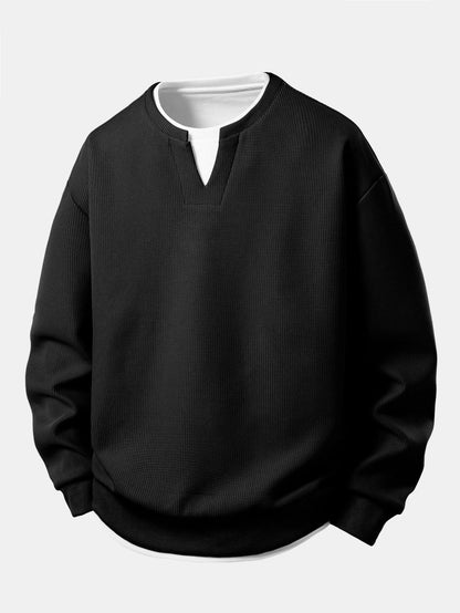 Heren Wafelstructuur Sweatshirt in zwart, Relaxed Fit Crew Neck